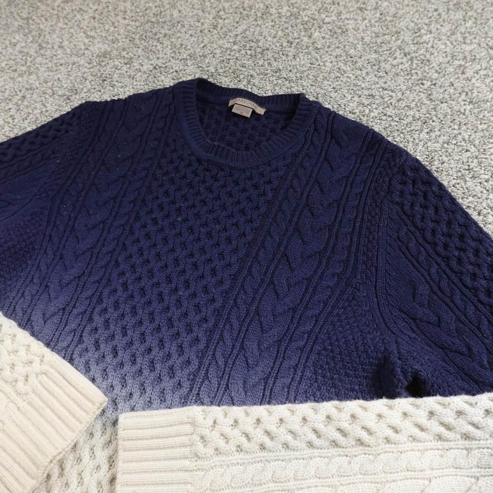 Amicale Sweater‎ Mens M Blue Cream Ombre Wool Cashmere Aran Cable Knit Crewneck